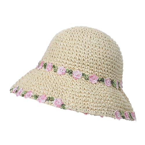 Womens Little Girls Summer Crochet Straw Bucket Hat Colorful Floppy Sun Shade Boonie Cap Wide Brim Beach Vacation Sun Hat - color: Beige, Pink Flowers, size: 2-5T
