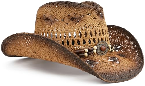 Straw Cowboy Hat for Women and Men with Shapeable Wide Brim Sun Beach Western Cowgirl Hat - color: Khaki-paint