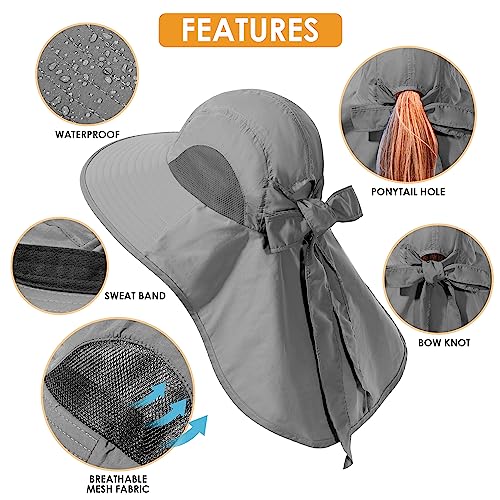 Womens Sun Hat UV Protection, Foldable Waterproof Wide Brim Bucket Hats with Neck Flap for Summer Beach Fishing Hiking - color: Drak Grey