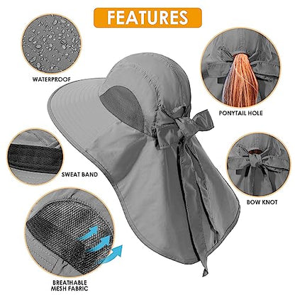 Womens Sun Hat UV Protection, Foldable Waterproof Wide Brim Bucket Hats with Neck Flap for Summer Beach Fishing Hiking - color: Drak Grey