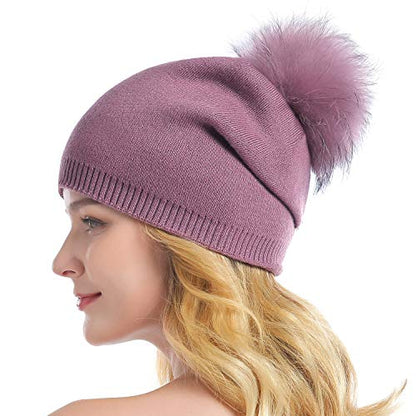 Women Knit Wool Beanie - Winter Fashion Solid Wool Hats Real Removable Raccoon Fur Pom Pom Warm Ski Beanie - color: 09- Cameo