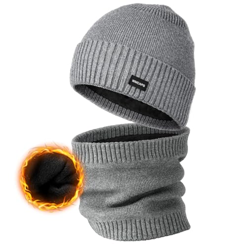 Wmcaps Fleece Lined Beanie Scarf Set, Warm Knit Hat for Men Women - color: Grey