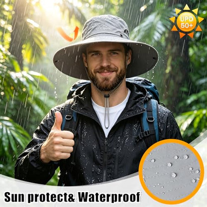 Mens Sun Hat Wide Brim Sun Hats for Men UV Protection Waterproof Bucket Hat - color: Light Grey