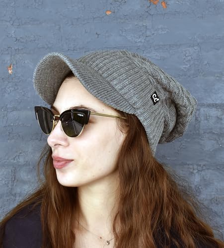 C.C Fuzzy Fleece Lined Warm Oversized Chunky Soft Stretchy Oversized Two Way Ribbed Slouchy Knit Hat with Visor Brim - color: Light Melange Grey