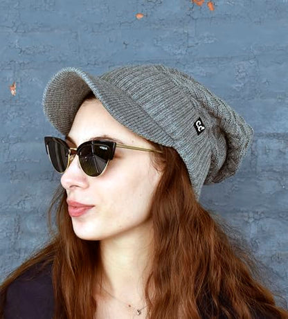 C.C Fuzzy Fleece Lined Warm Oversized Chunky Soft Stretchy Oversized Two Way Ribbed Slouchy Knit Hat with Visor Brim - color: Light Melange Grey