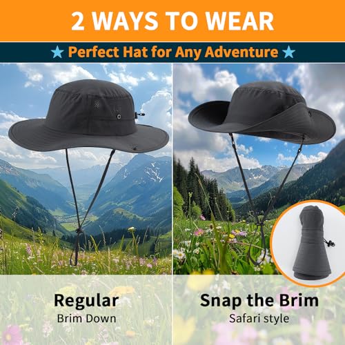 Home Prefer UPF50+ Mens Sun Hat Wide Brim Womens UV Protection Beach Bucket Hat for Fishing Hiking Snap Up Cowboy Hat - color: Dark Grey