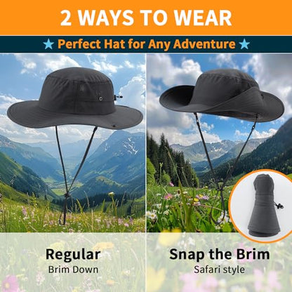 Home Prefer UPF50+ Mens Sun Hat Wide Brim Womens UV Protection Beach Bucket Hat for Fishing Hiking Snap Up Cowboy Hat - color: Dark Grey