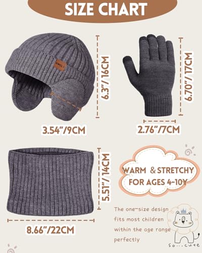 Kids Winter Beanie Hat Scarf Gloves Set 4-10Y, Knit Hat With Earmuffs Neck Gaiter Fleece Lined Touchscreen Gloves Boys Girls - color: Navy Blue
