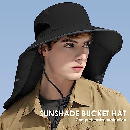 Outdoor Sun Hat Detachable Neck Face Flap UPF 50+UV Protection Visor Fishing Hats with Neck Flap for Men & Women - color: Black