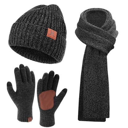 FZ FANTASTIC ZONE Mens Winter Beanie Hat and Scarf Touchscreen Gloves Sets - color: Dark Gray