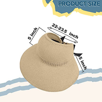 Straw Sun Visor for Women, Wide Brim UPF 50+ Protection Beach Hat, Adjustable, Roll Up Foldable Ponytail Cap with Chin Strap - color: A Beige