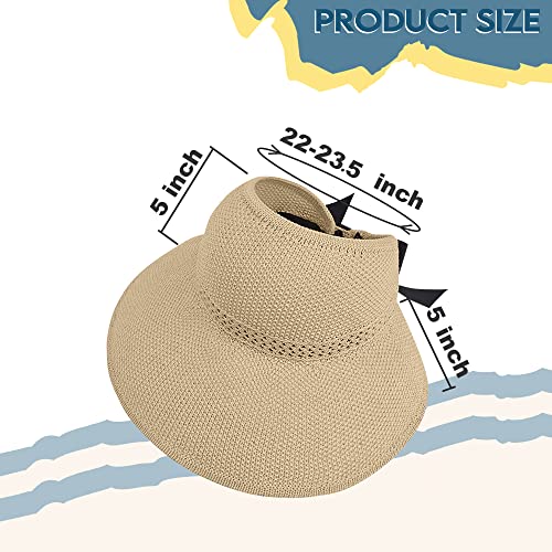Straw Sun Visor for Women, Wide Brim UPF 50+ Protection Beach Hat, Adjustable, Roll Up Foldable Ponytail Cap with Chin Strap - color: A Beige