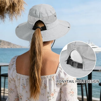 Rosoz Ponytail Sun Bucket Hats for Women UV Protection Foldable Wide Brim - color: 1 Pack-pure Light Grey