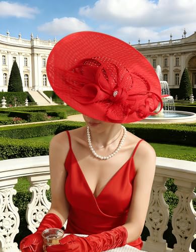 Unpifolov Fascinators Hats Elegant Women Flower Mesh Feathers Wedding Cocktail Bride Headband for Derby Hat Tea Party - color: Red