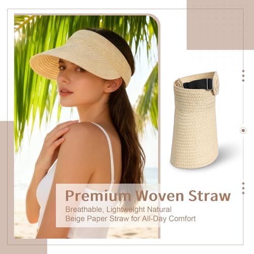 Roshtia 6 Pcs Women Sun Hat Straw Sun Visor for Women Summer Packable Ponytail Beach Hats for Women Travel UPF 50+ - color: Beige, style: Vintage Style