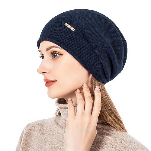 Knit Slouchy Beanie Hats for Women Cashmere Ski Cap Knitted Wool Soft Warm Winter Hat - color: A18-navy Blue