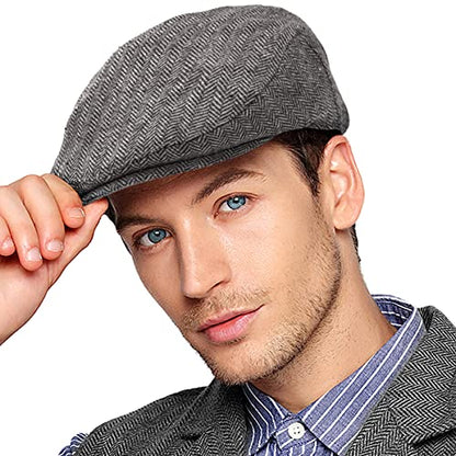 Herringbone Flat Ivy Newsboy Cap for Men 1920s Wool Blend Tweed Cabbie Hat - color: Filled Quilted Lining Grey, size: 7 3/4-7 7/8