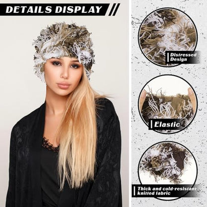 Chuarry Distressed Knitted Beanie Fuzzy Winter Hat - color: Assorted Brown White