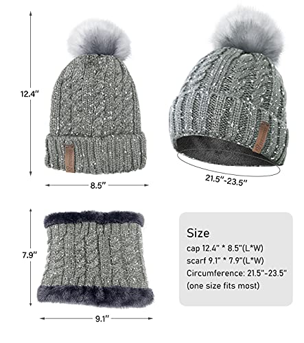 IYEBRAO Womens Winter Knit Beanie Hat and Scarf Set Girls Cute Slouchy Thick Fleece Lined Ski Hat Warm Skull Cap with Pom - color: Light Grey