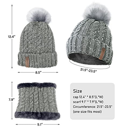 IYEBRAO Womens Winter Knit Beanie Hat and Scarf Set Girls Cute Slouchy Thick Fleece Lined Ski Hat Warm Skull Cap with Pom - color: Light Grey