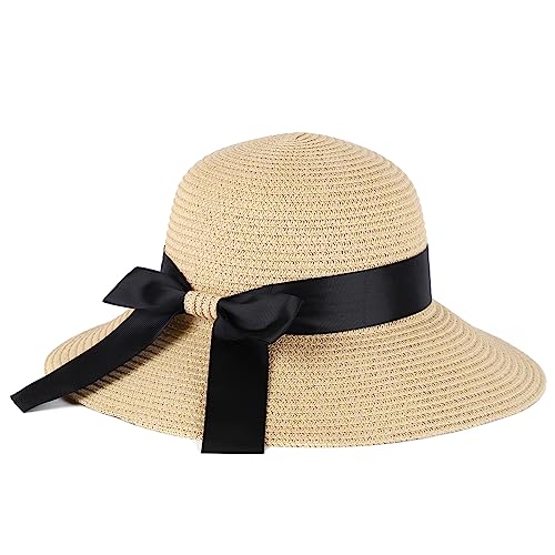 Sun Straw Hat for Women with Wind Lanyard Wide Brim Foldable Beach Summer Hats Womens UV 50+ Protection Bowknot Cap - color: Beige Yellow
