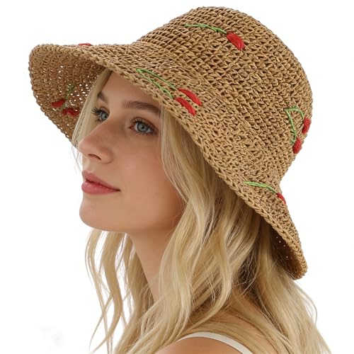 Floral Straw Sun Hat for Women Wide Brim UV Protection Woven Bucket Hat Shapeable Foldable Floppy Summer Beach Sun Cap - color: Khaki