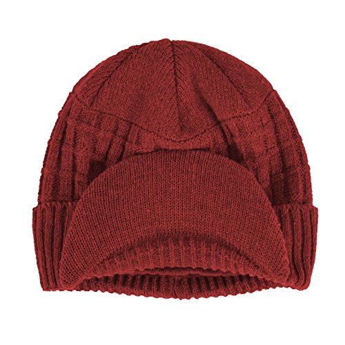 Original One Winter Wool Knitted Chunky Visor Beanie Hat with Brim Fur Lined Peaked Ski Cap - color: Red