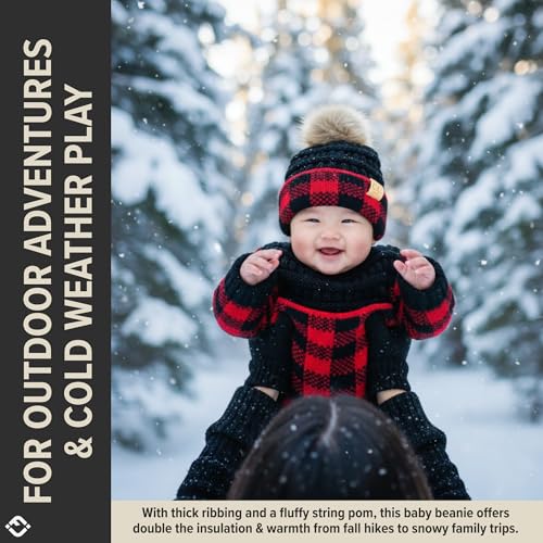Funky Junque Baby Pom Pom Beanie – Soft Knit Infant Winter Hat for Baby Girls & Boys, Cozy Warm Newborn Beanie 0–12 Months - color: Buffalo Check - Black/Red