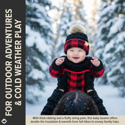 Funky Junque Baby Pom Pom Beanie – Soft Knit Infant Winter Hat for Baby Girls & Boys, Cozy Warm Newborn Beanie 0–12 Months - color: Buffalo Check - Black/Red