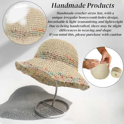 Floppy Big Beach Straw Hats for Women Foldable Summer Wide Brim Packable Sun Hat Womens Travel Straw Fedora Hat - color: C-beige