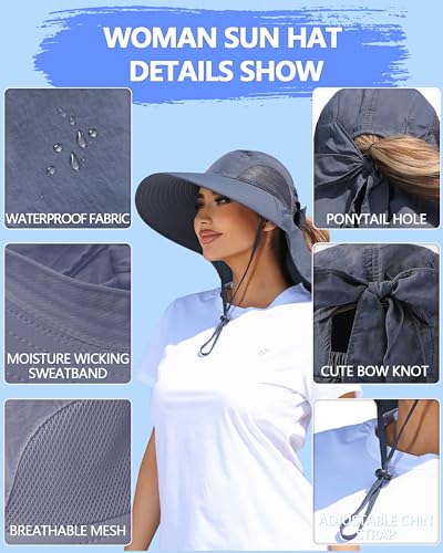 Womens Sun Hat Outdoor UV Protection Wide Brim Fishing Hat with Ponytail Hole Neck Flap for Beach Hiking Camping - color: Sun Hat-dark Grey