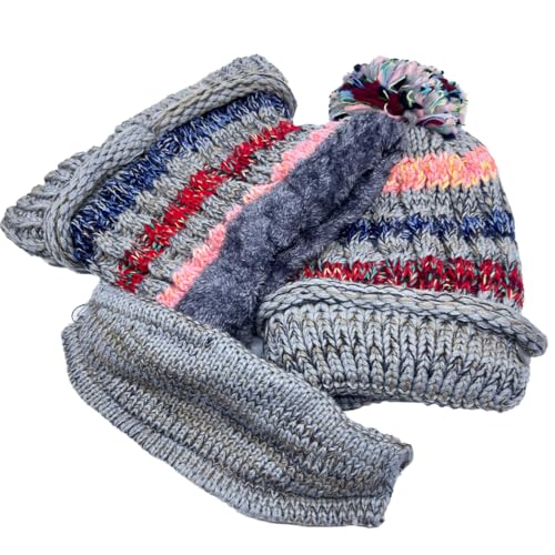 Ypser Women's Winter Warm Knitted Crochet Hat Fleece Lined Cable Faux Fur Pom Pom Beanie Hat Skull Cap - color: Grey 3 Pcs Set (Hat & Scarf & Face Mask)