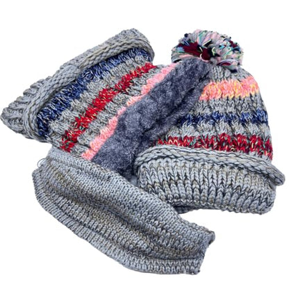 Ypser Women's Winter Warm Knitted Crochet Hat Fleece Lined Cable Faux Fur Pom Pom Beanie Hat Skull Cap - color: Grey 3 Pcs Set (Hat & Scarf & Face Mask)