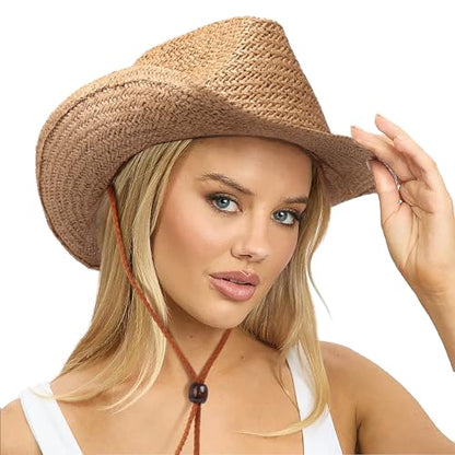DRESHOW Straw Cowboy Cowgirl Hat for Women Men Western Coastal Cowboy Beach Hat with Shapeable Brim Unisex Rolled up Caps - color: 1 Pack Straw Woven Hat: Khaki