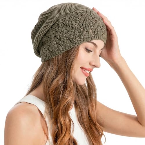 ZLYC Crochet Slouchy Beanie for Women Soft Lightweight Skull Cap - color: Solid Khaki