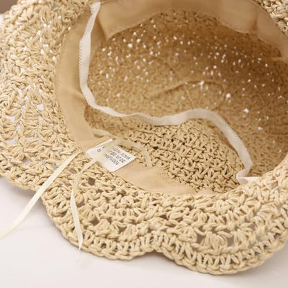 리본이 달린 유아용 밀짚 모자, UPF 50+ 접이식 해변 햇빛 차단 캡 아기용 - color: 베이지., size: 2-5T