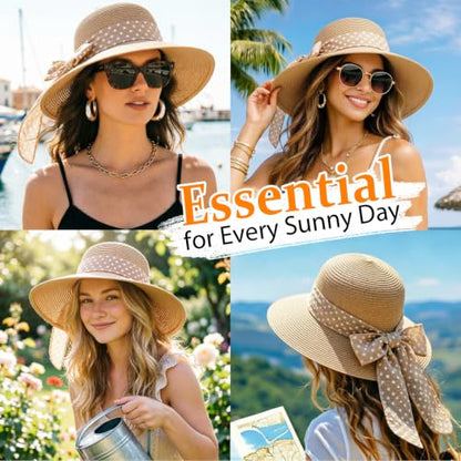 DRESHOW Sun Hats for Women Summer Wide Brim Beach Straw Hat Bowknot Bucket Hats Foldable Floppy Beach Sun Hat UPF 50+ - color: 1 Pack Polka Dot Bowknot Ribbon Hat: Khaki