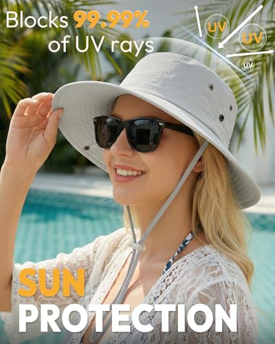 Women Sun Hat with Ponytail Hole Wide Brim Bucket Sun Protection for Summer - color: Grey