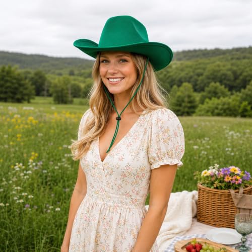 COLLECT PRESENT Plain Felt Cowboy & Cowgirl Hat for Men and Women | Western Studded Cowboy Hat in Adult Sizes - color: Green
