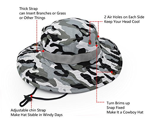 Outdoor Wide Brim Sun Protect Hat, Classic US Combat Army Style Bush Jungle Sun Cap for Fishing Hunting Camping - color: Grey Camouflage
