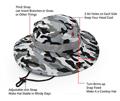 Outdoor Wide Brim Sun Protect Hat, Classic US Combat Army Style Bush Jungle Sun Cap for Fishing Hunting Camping - color: Grey Camouflage
