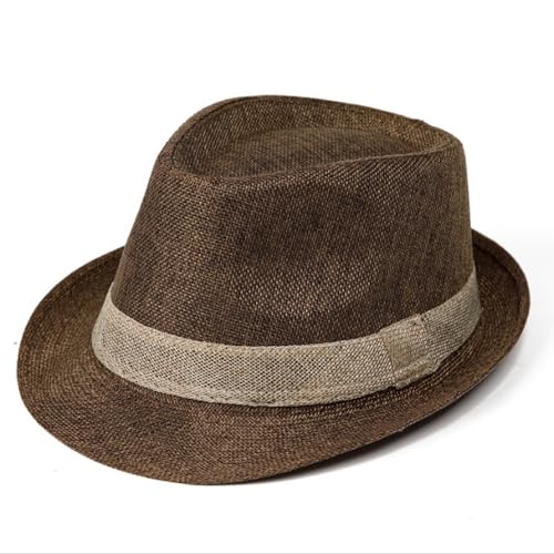 Packable Straw Fedora Hat for Men Short Brim Beach Sun Cap Roll Up Summer Cuban Hat UPF50+ Travel Straw Sun Hat with Band - color: Coffee
