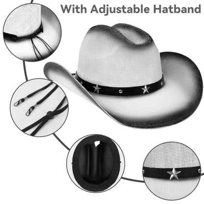 WQWOVRVO Cowboy Hat,Cowgirl hat,Brown Cowboy Hats for Women/Mens Straw Wide with Shapeable Brim Western Cowboy Hat for Womens - color: White & Black Color