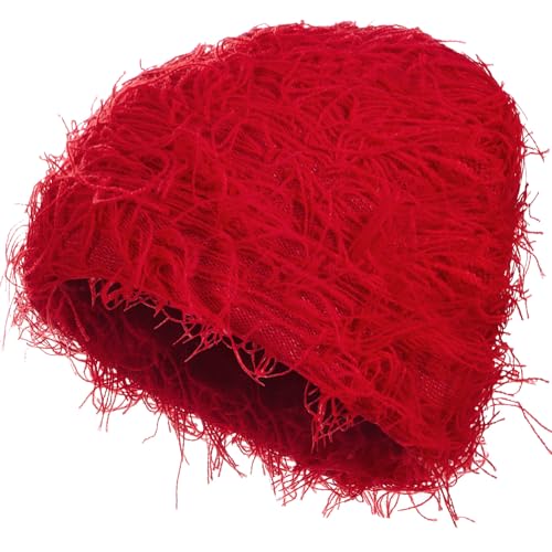 Chuarry Distressed Knitted Beanie Fuzzy Winter Hat - color: Red