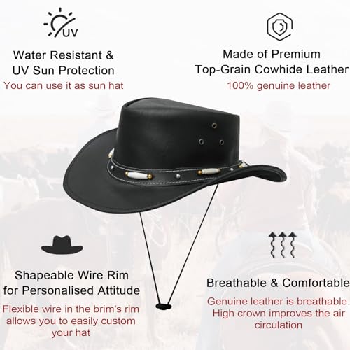 Dream Apparel Black Leather Cowboy Hat for Men Women Western Australian Outback Hat w/Shapeable Wide Brim, Aussie Style Hat - size: Medium