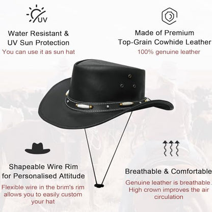 Dream Apparel Black Leather Cowboy Hat for Men Women Western Australian Outback Hat w/Shapeable Wide Brim, Aussie Style Hat - size: Medium