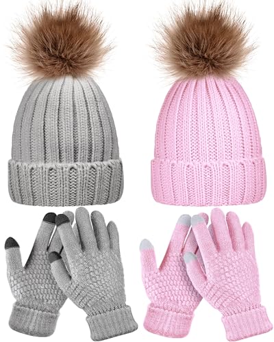 Syhood 4 Pcs Hat and Glove Set Winter Beanie and Glove Set - color: Gray and Pink
