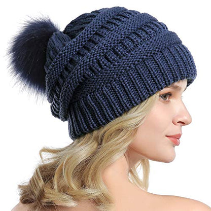 Women Knit Slouchy Beanie Chunky Baggy Hat with Faux Fur Pompom Winter Soft Warm Ski Cap - color: E4-denim Blue