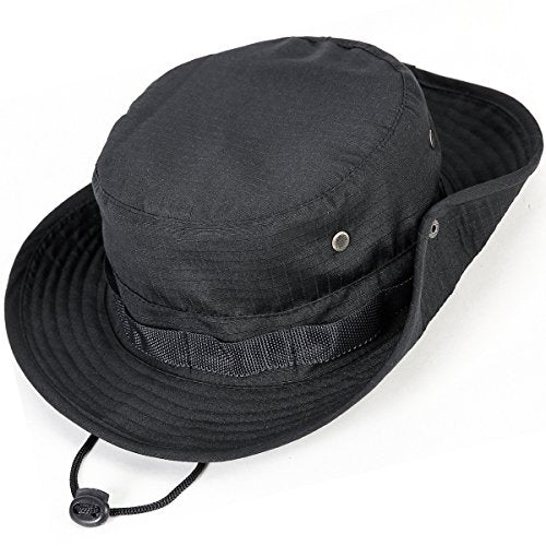 Wide Brim Boonie Hat, Men & Women Top Camo Bucket Hats for Safari Military Beach - color: Black