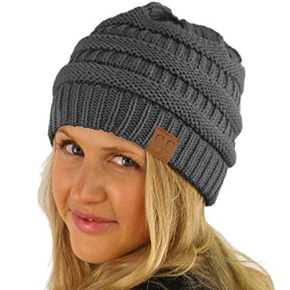 CC Classic Winter Fall Trendy Chunky Stretchy Cable Knit Beanie Hat - color: Solid Dk. Melange Gray